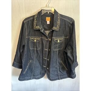 Ruby Road 24W Dark Indigo 3/4 Sleeve Studded‎ Jean Jacket With Sparkle